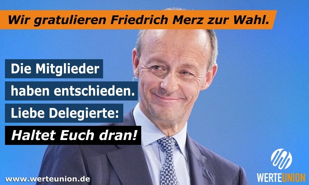 Die WerteUnion gratuliert Friedrich Merz zur Wahl zum CDU-Vorsitzenden und hofft eine gute Zusammenarbeit. 62,1 Prozent sind ein klares Votum der CDU-Mitglieder. werteunion.de