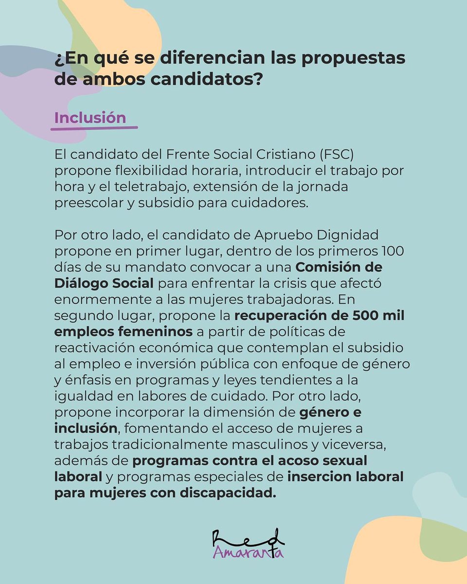 amaranta_red's tweet photo. Sabiendo que la pandemia significo un tremendo retroceso en términos de la inserción laboral de las mujeres, nos preguntamos sobre qué dicen los programas de los candidatos a la presidencia en temáticas relacionadas a economía y trabajo para mujeres? https://t.co/9LwzgMDkxN