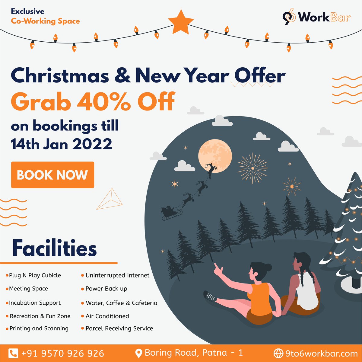 9to6workBar's tweet photo. Grab 40% Off on all your bookings till 14th Jan 2022 🌈

Yea it's our way of celebrating Christmas &amp; New Year 😎🥳

What are you waiting for start booking now!🎟️

#BOOKINGS
#offers #saleislive #Sales #Christmas2021 #NewYearsEve #9to6workbar #Collaboration #FestiveSeason #December https://t.co/THY9f33O11