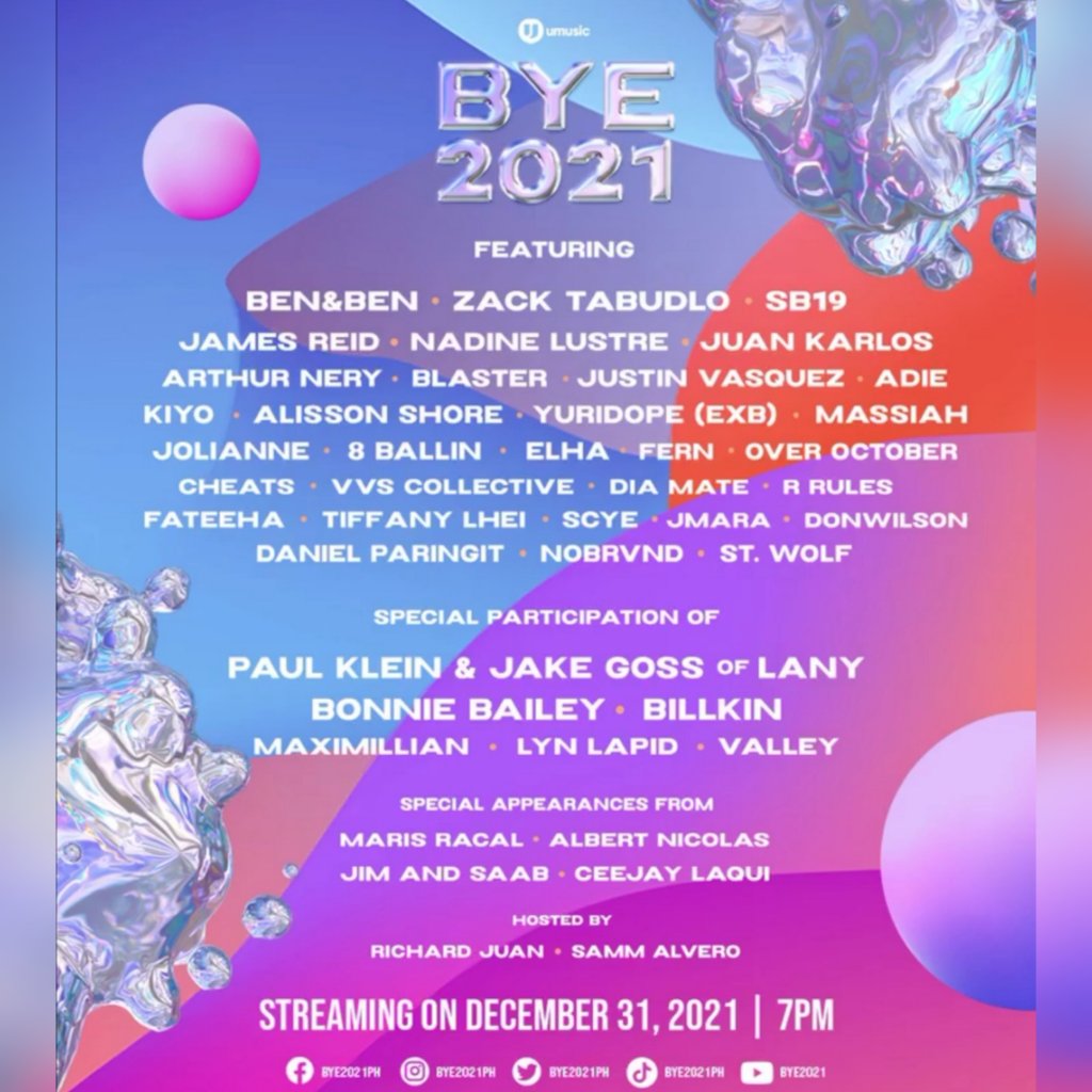philconcerts's tweet photo. THIS IS FREE! Full lineup of the biggest digital concert on December 31 at 7PM via YouTube & TikTok. #BYE2021PH https://t.co/sQ9BkpXFaB