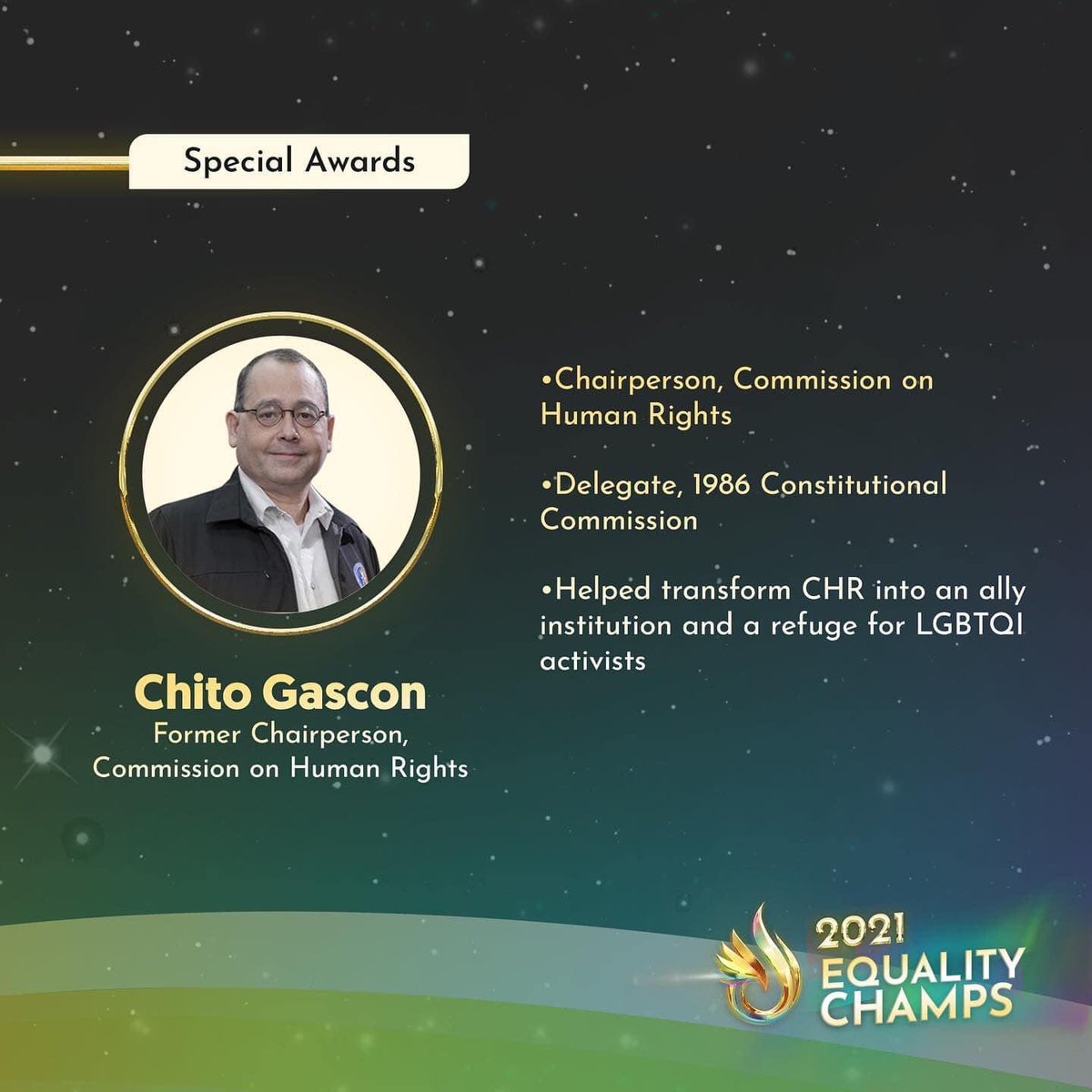PerciCen's tweet photo. Mabuhay #EqualityChamp awardees CHR Chair Chito Gascon and VP @lenirobredo🏳️🌈 My rainbow heart is so excited to have a genuine Equality Champ in Malacañan next year. https://t.co/oRDzWyHgHP