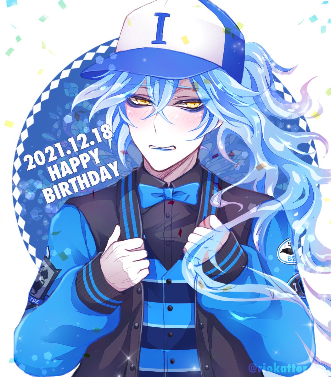 male focus 1boy hat yellow eyes long hair jacket blue hair  illustration images