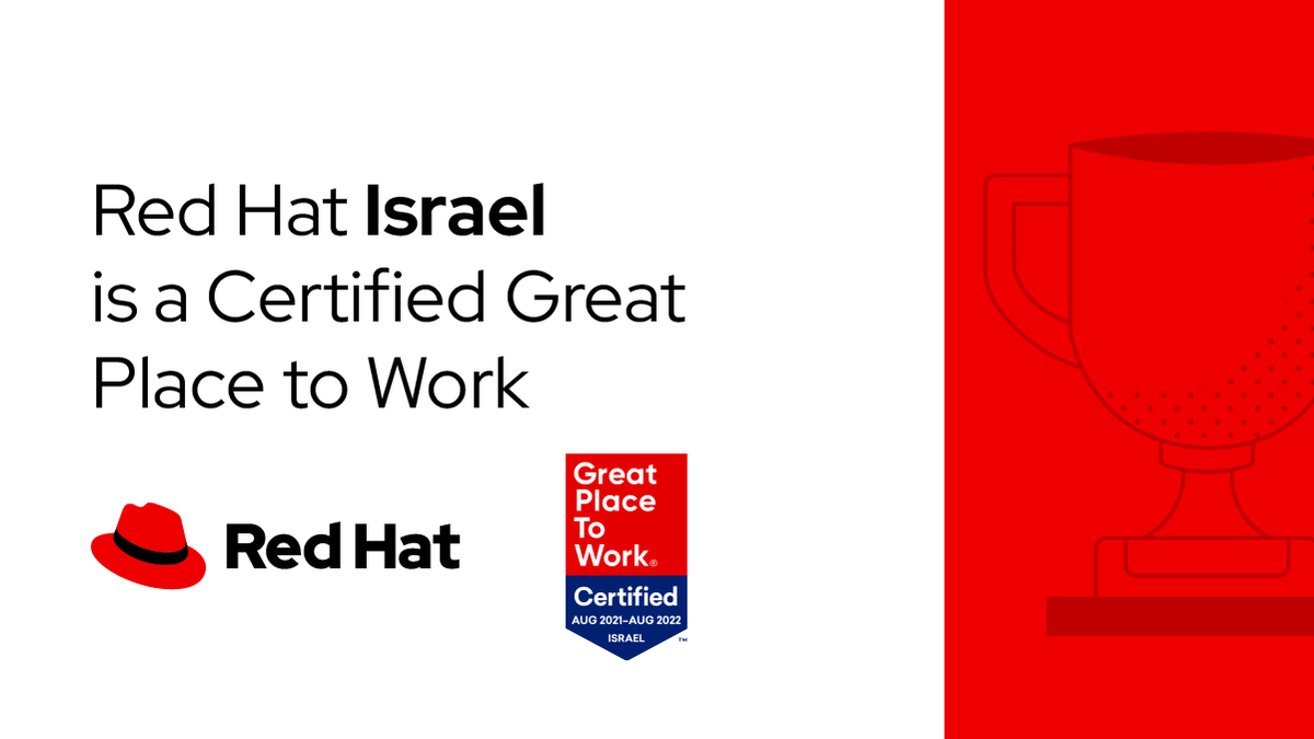 RedHatJobs's tweet photo. Just in 📣  @RedHat is now a certified Great Place to Work in Israel! Congratulations #RedHatIsrael team! https://t.co/H8kZ12zJrK

#GPTW #LifeAtRedHat https://t.co/CoUSnochRk