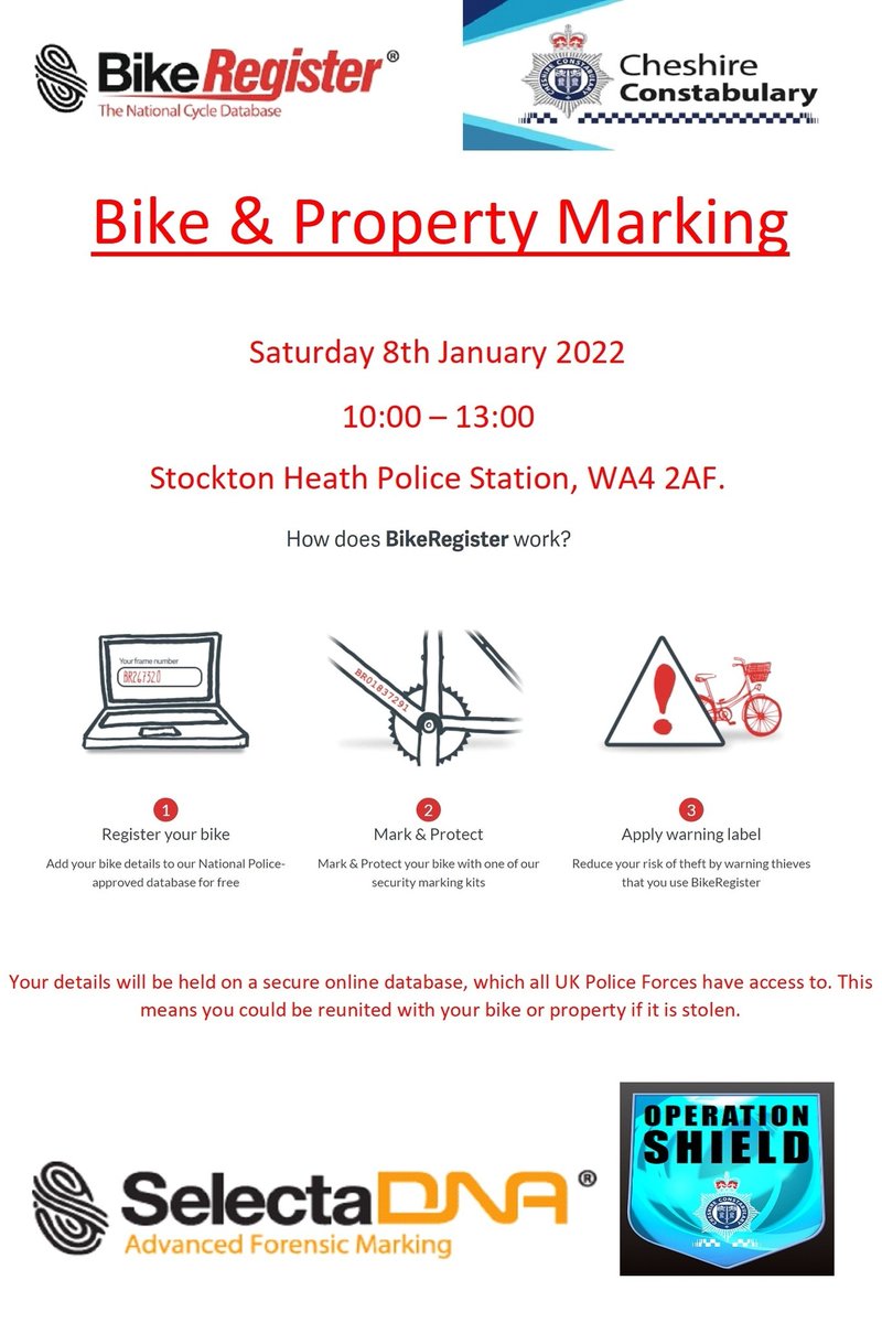 We will be holding a bike &amp; property marking event on Saturday 8th January. 

A good opportunity to mark any new Christmas purchases.