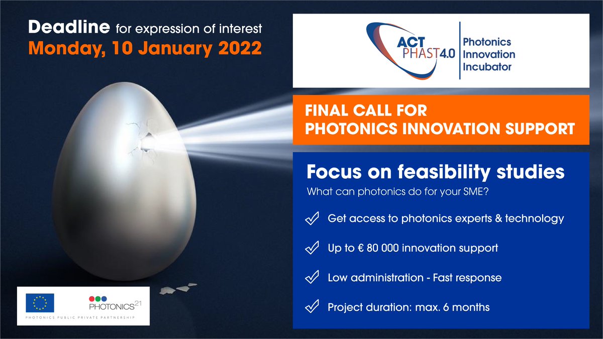 ACTPHAST (@actphast) on Twitter photo FINAL CALL!🚨 Are you an SME to solve your product innovation challenge with photonics?
✅ Get access to photonics experts & technology
✅ Up to €80,000 innovation support
✅ Low admin, fast response
✍️ Register your interest: company.actphast.eu/en/register-yo…
<a href="/Photonics21/">Photonics21</a> #photonics FINAL CALL!🚨 Are you an SME to solve your product innovation challenge with photonics?
✅ Get access to photonics experts & technology
✅ Up to €80,000 innovation support
✅ Low admin, fast response
✍️ Register your interest: company.actphast.eu/en/register-yo…
<a href="/Photonics21/">Photonics21</a> #photonics