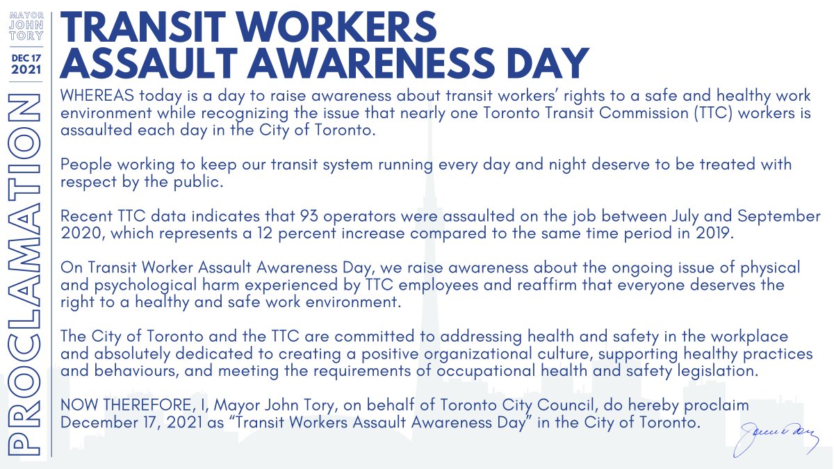 JohnTory's tweet image. People working to keep our @TTCHelps running every day and night deserve to be treated with respect by the public.

Today is Transit Workers Assault Awareness Day in which we raise awareness about transit workers’ rights to a safe and healthy work environment.