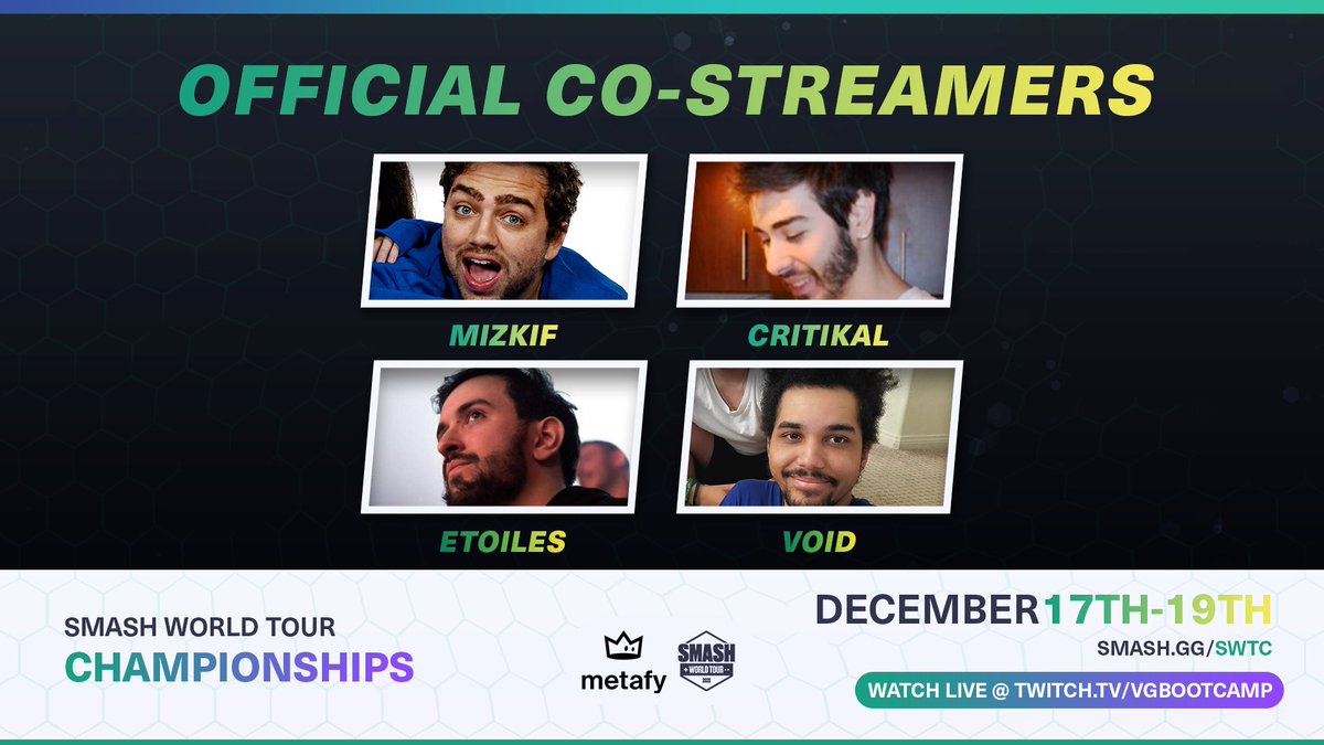 We're excited to reveal #SWTC's Official Co-Streamers!

<a href="/REALMizkif/">Mizkif</a>: twitch.tv/mizkif

<a href="/MoistCr1TiKaL/">Charlie</a>: twitch.tv/moistcr1tikal

<a href="/AREtoiles/">Etoiles</a>: twitch.tv/etoiles 

<a href="/gsmVoiD/">Void</a>: twitch.tv/gsmvoid

Watch the world's best Smash players face off this weekend for $150K+!