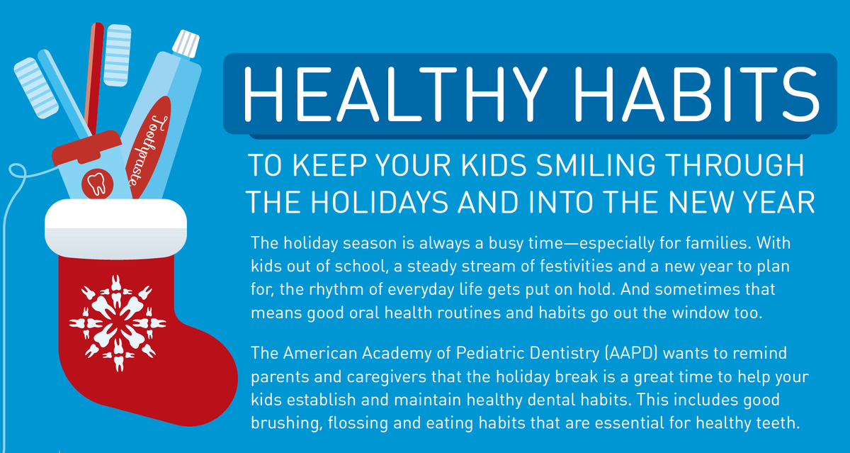 AmerAcadPedDent's tweet photo. This time of year is a great time to help your kids establish and maintain healthy dental habits. This includes good brushing, flossing, and eating habits that are essential for healthy teeth. Parents can learn more in this holiday themed tip sheet. https://t.co/BMHWNT9nL5 https://t.co/jtTeeASiw8