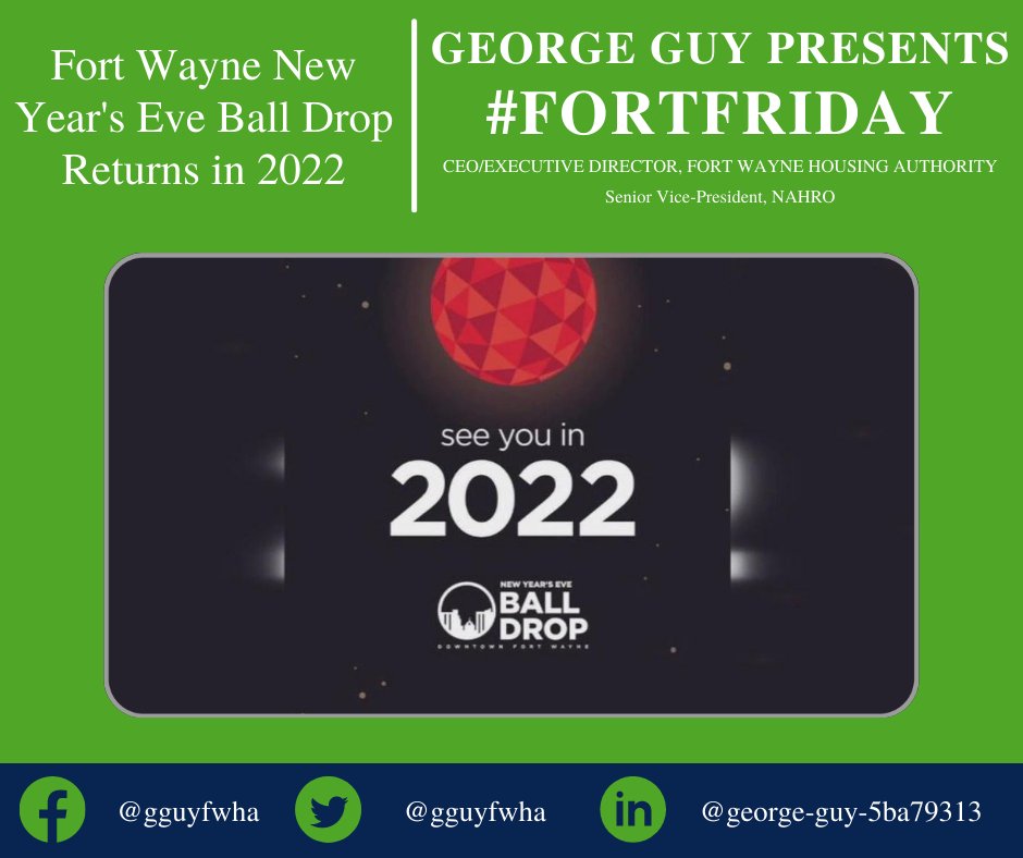gguyfwha's tweet photo. #FortFactFriday: The New Year is almost here, and the Ball Drop for NYE in Downtown Fort Wayne is back! Get your scarves and jackets ready to stay warm while attending. To learn more, click here: https://t.co/CyDfa9U0b0
#Family #NYE #FortWayne https://t.co/bDzdV64v1Z