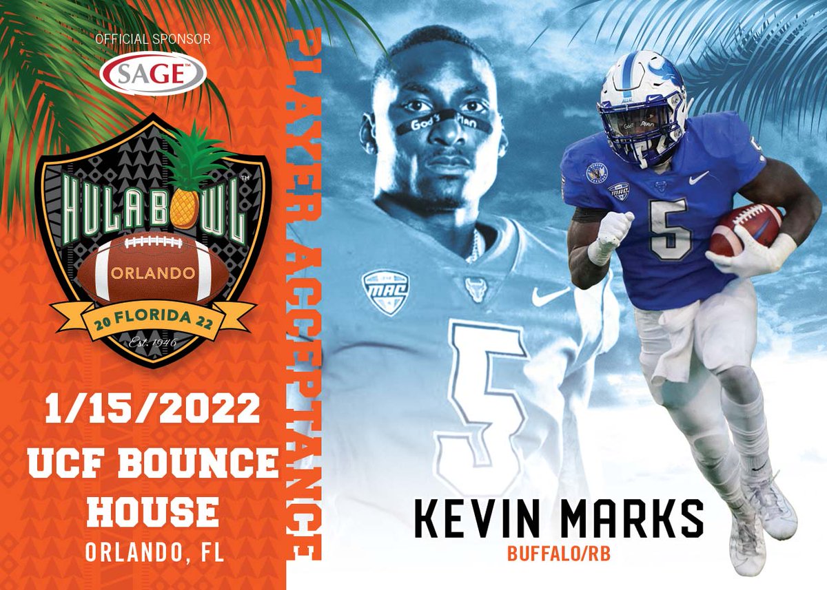 Hula Bowl (@hula_bowl) on Twitter photo Invited accepted- Kevin Marks <a href="/MarksKevin/">Kevin Marks Jr</a>, star RB from <a href="/UBFootball/">UB Football</a>! Watched KM in <a href="/MACSports/">MACtion</a> games this year and was impressed with his play speed, burst and agility! <a href="/DraftDiamonds/">Draft Diamonds β’οΈ</a> are found at the #HulaBowl <a href="/SAGECards/">SAGE Collectibles</a> <a href="/draftguyjimmy/">Draft Guy Jimmy</a> @scott_nfl #MACtion Invited accepted- Kevin Marks <a href="/MarksKevin/">Kevin Marks Jr</a>, star RB from <a href="/UBFootball/">UB Football</a>! Watched KM in <a href="/MACSports/">MACtion</a> games this year and was impressed with his play speed, burst and agility! <a href="/DraftDiamonds/">Draft Diamonds β’οΈ</a> are found at the #HulaBowl <a href="/SAGECards/">SAGE Collectibles</a> <a href="/draftguyjimmy/">Draft Guy Jimmy</a> @scott_nfl #MACtion