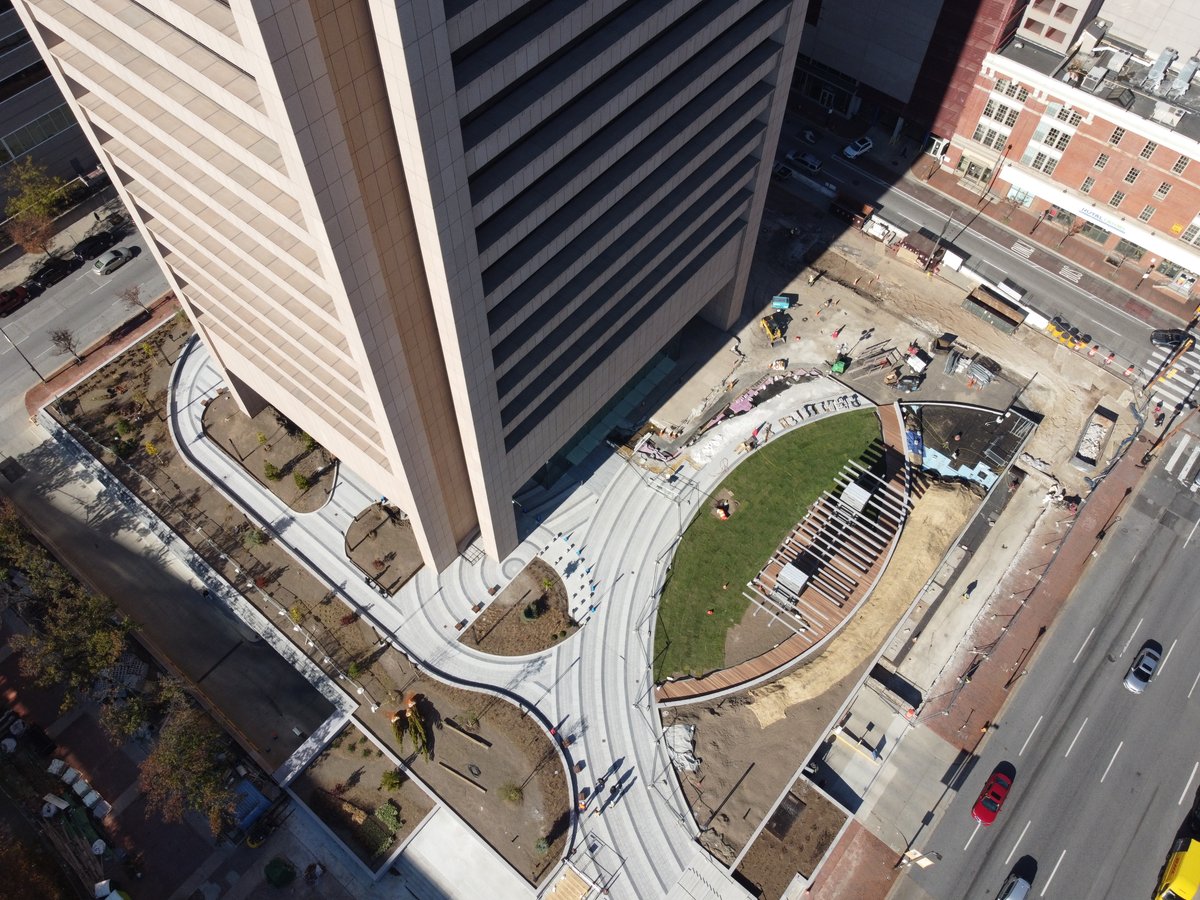 Drone footage high above the Transamerica Building on Light Street in Baltimore shows renovations underway to the exterior hardscapes, structure repairs, and waterproofing the structural surface. Work is continuing on the north side of the building! 

Photo courtesy of COPT!