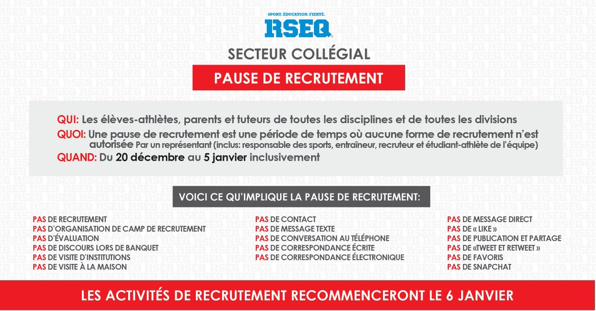 Du 20 décembre au 5 janvier inclusivement le secteur collégial sera en pause de recrutement. Durant cette période, aucun acte de recrutement ne peut être fait par un représentant d’un collège. Pour toute question ou commentaire à ce sujet : recrutement@rseq.ca.