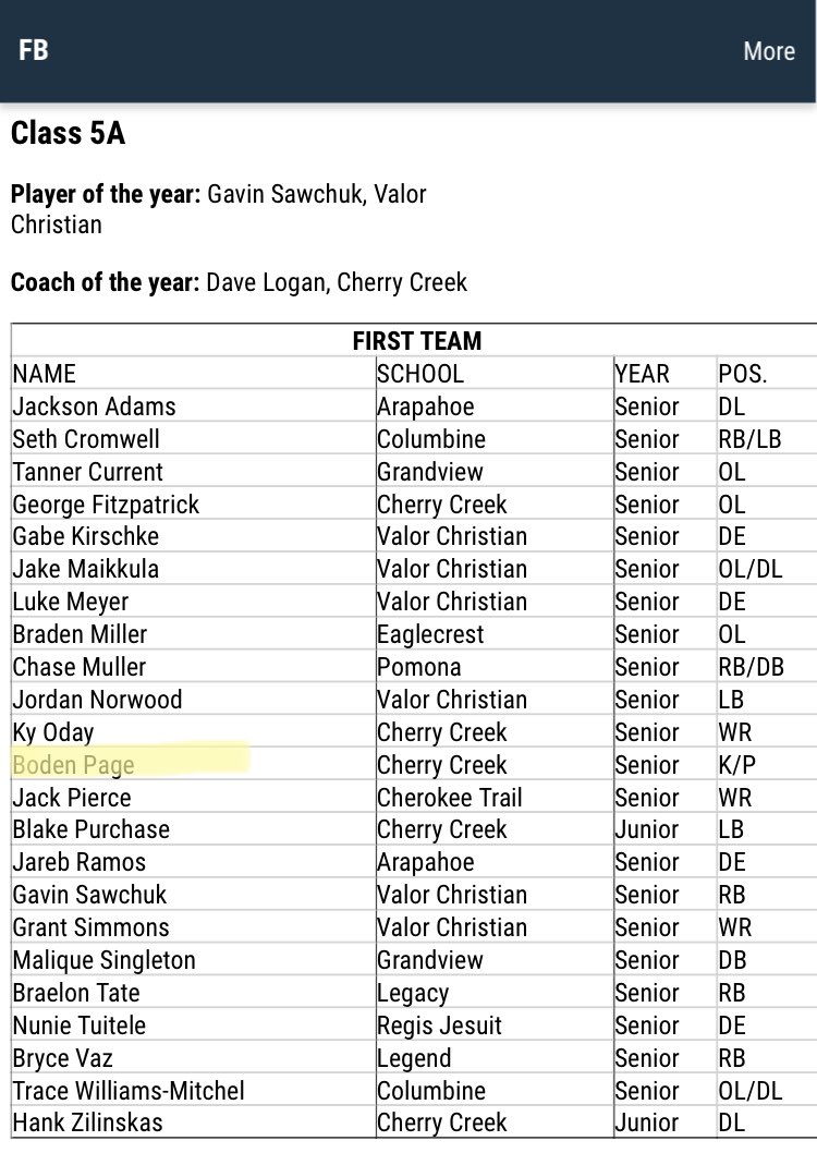 Dnpage16's tweet photo. Congratulations @PageBode for being named 5A 1st Team All State Kicker/Punter for the 2nd year in a row!!! Hard work pays off!! Time to work for the next level!!Thanks to @OneOnOneCO @HKA_Tanalski @KornblueKicking @BFentress @CCNextLevelFB https://t.co/TW3wamwyoe