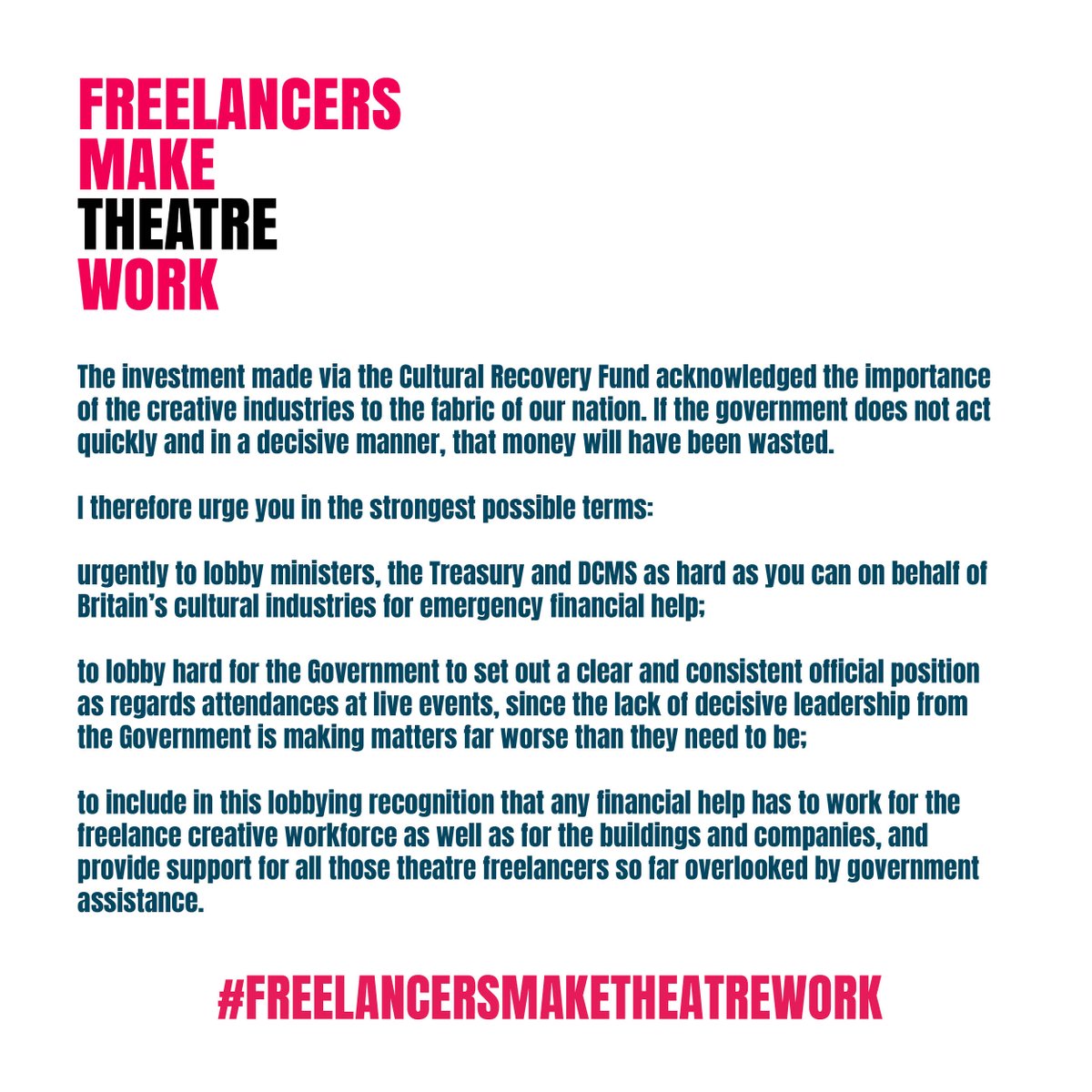 Freelancers Make Theatre Work (@freelancersmake) on Twitter photo URGENT! FREELANCERS READ THIS NOW AND SHARE!
Our voices need to be heard.
Then... write to your MP!
We have an updated MPs letter for you to download here: freelancersmaketheatrework.com/mps-letter/
Text version available here: freelancersmaketheatrework.com/urgent-freelan…
#FreelancersMakeTheatreWork URGENT! FREELANCERS READ THIS NOW AND SHARE!
Our voices need to be heard.
Then... write to your MP!
We have an updated MPs letter for you to download here: freelancersmaketheatrework.com/mps-letter/
Text version available here: freelancersmaketheatrework.com/urgent-freelan…
#FreelancersMakeTheatreWork