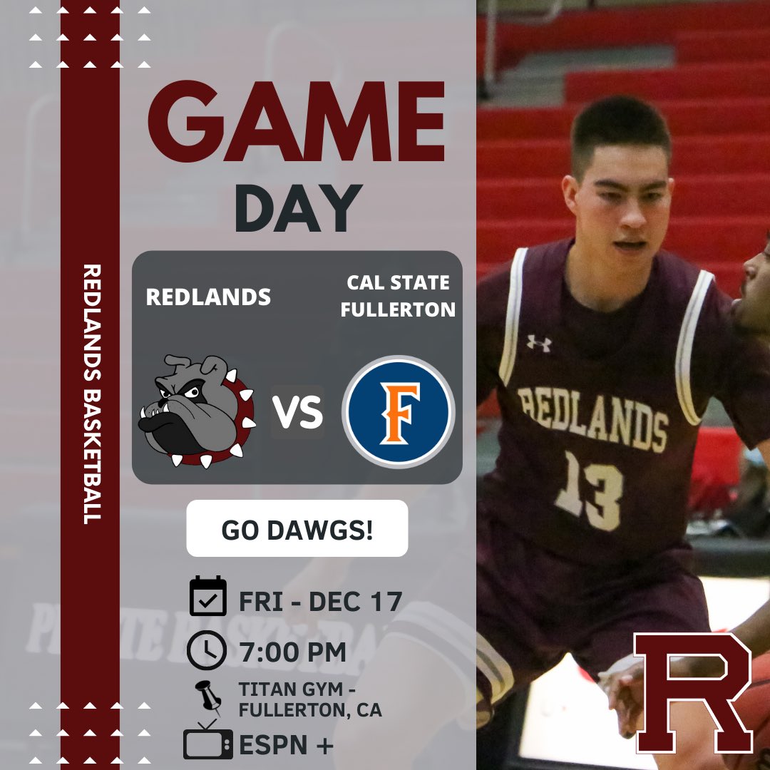 GAMEDAY‼️ 🏀 Redlands @ Cal State Fullerton 📆 Friday, December 17 ⏰ 7:00pm PT 📍 Titan Gym - Fullerton, CA 📺 ESPN + #Gameday #FAB