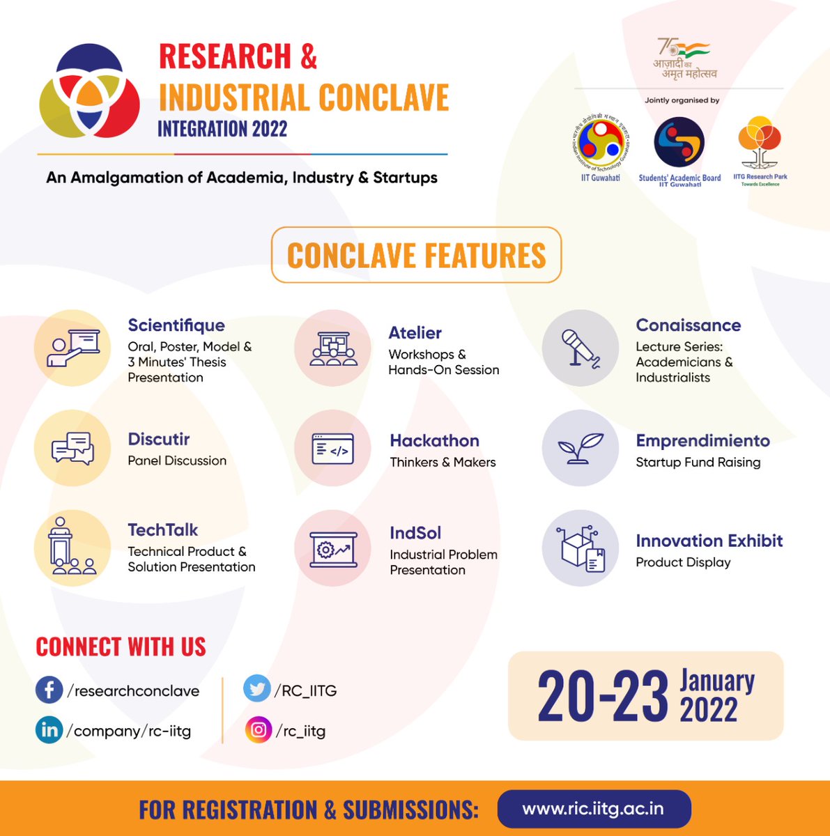 RIC_IITG's tweet photo. RIC 2022 jointly organized by Indian Institute of Technology Guwahati, Students’ Academic Board and IITG Research Park, presents before you a plethora of events. https://t.co/nHp0VXfu25