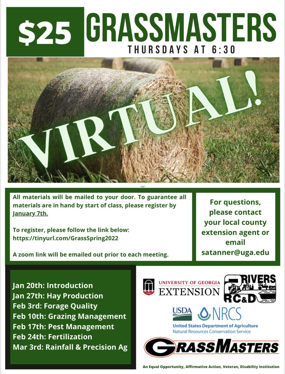 gaforages's tweet image. Register now for our #Grassmasters Program! Space is limited so register early!

Register here: estore.uga.edu/C27063_ustores…

#GeorgiaForages #UGAExtension