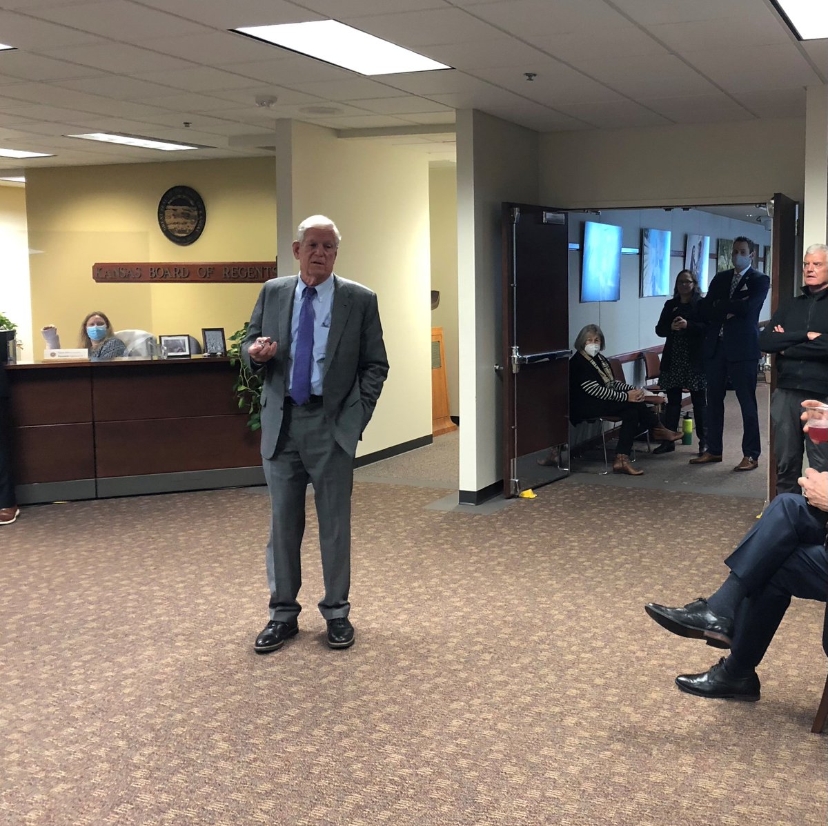 KBORChair's tweet photo. At this month's Board meeting, the Regents had a reception to honor President Myers before his retirement. He possesses a deep passion for K-State, its students and employees, and we are grateful for his leadership and vision. I wish him all the best in retirement. https://t.co/Rvo81EnFup