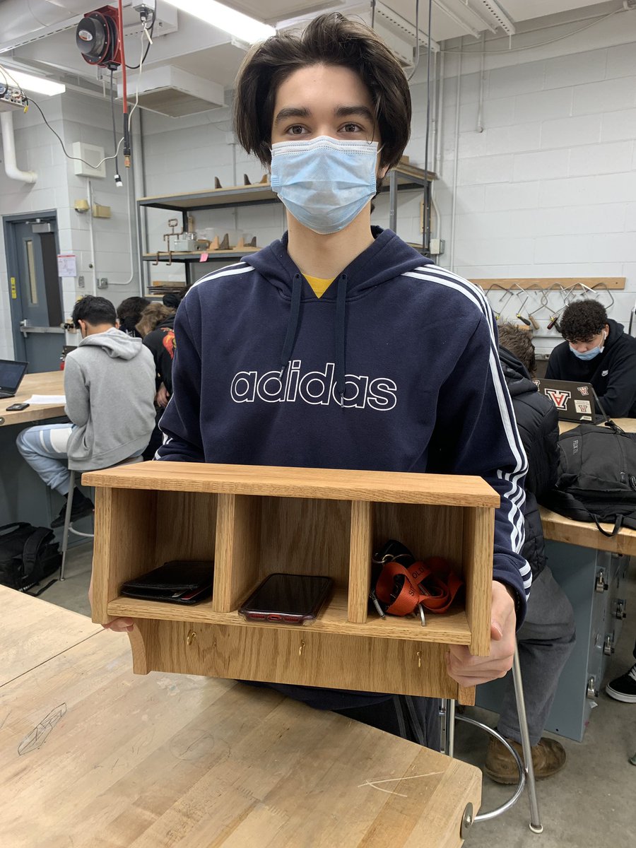 LeydenIndTech's tweet image. We had some really cool custom projects in Woods 2 this semester! Patrick designed and built this shelf to stay organized, learning how to use a few new tools along the way. #leydenpride #woodshop #indtech