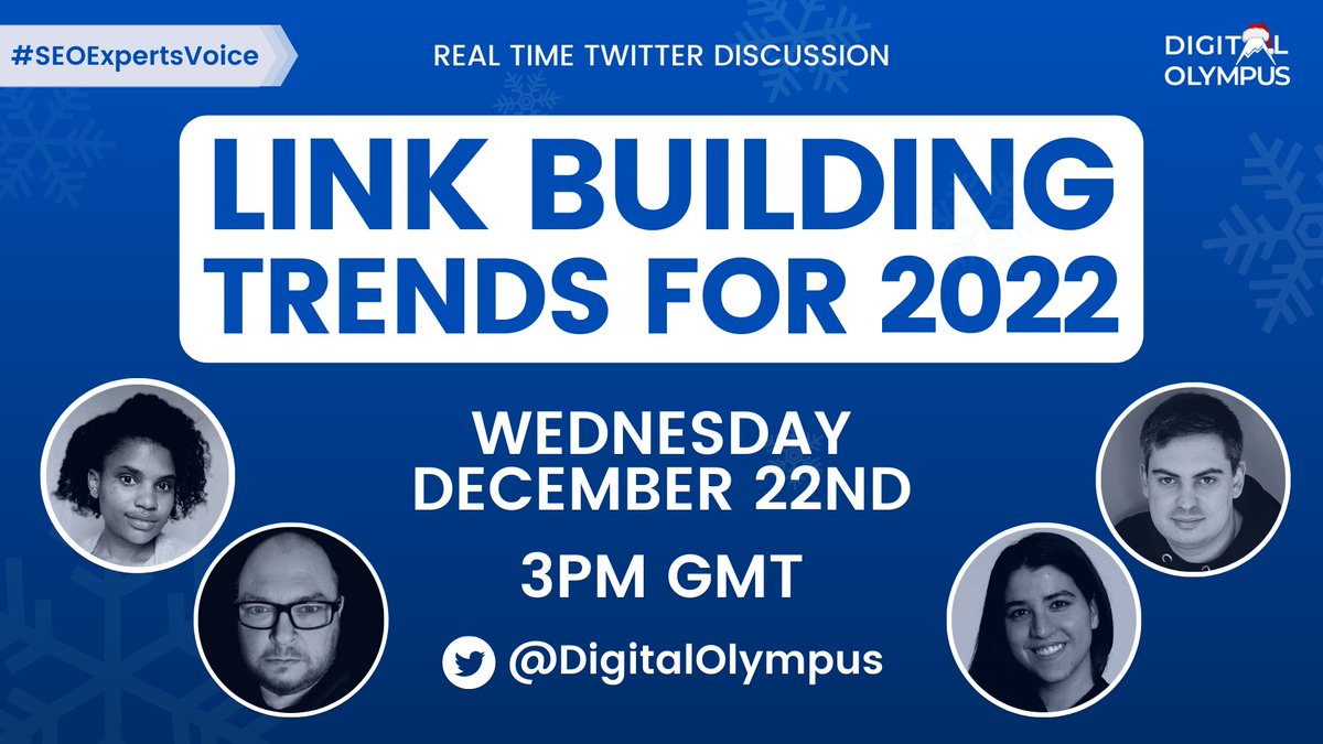 DigitalOlympus's tweet photo. NEXT WEEK 🎅🎄

Don't miss our special Christmas edition of #SEOExpertsVoice!

@CrystalontheWeb, @BrockbankJames, @LidiaInfanteM and @iqseo will discuss Link Building Trends For 2022

Save the date:
🗓️ December 22nd
⏰ 3PM UK time

See you on our Twitter page 😉

#linkbuilding https://t.co/qG9MftyKp2