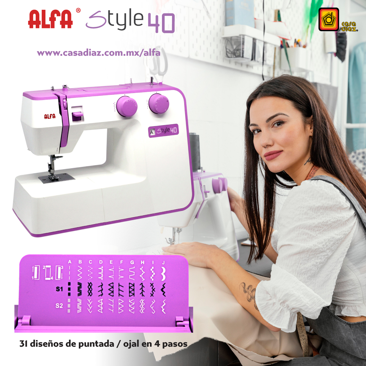 Casa Díaz MX on X: La máquina de coser Style 40 de #Alfa es ideal para  todo tipo de proyectos gracias a sus 31 diseños de puntada, ojal automático  en 4 pasos