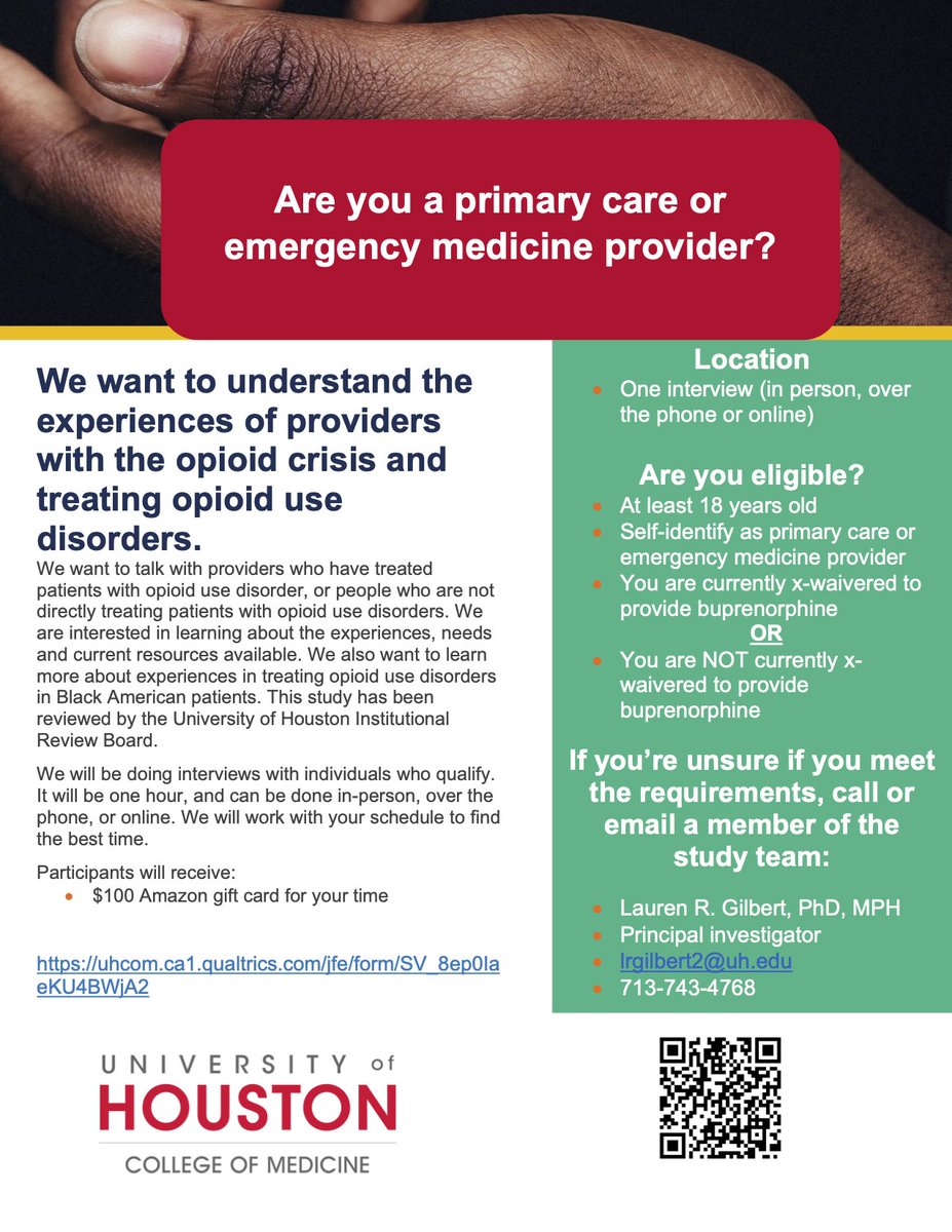HEALTHrcmi's tweet photo. Are you an #emergency medicine or #primarycare provider in #Texas? #UH College of Medicine is looking to hear providers' experience treating #opioid use disorders. https://t.co/sMIooY1eZe