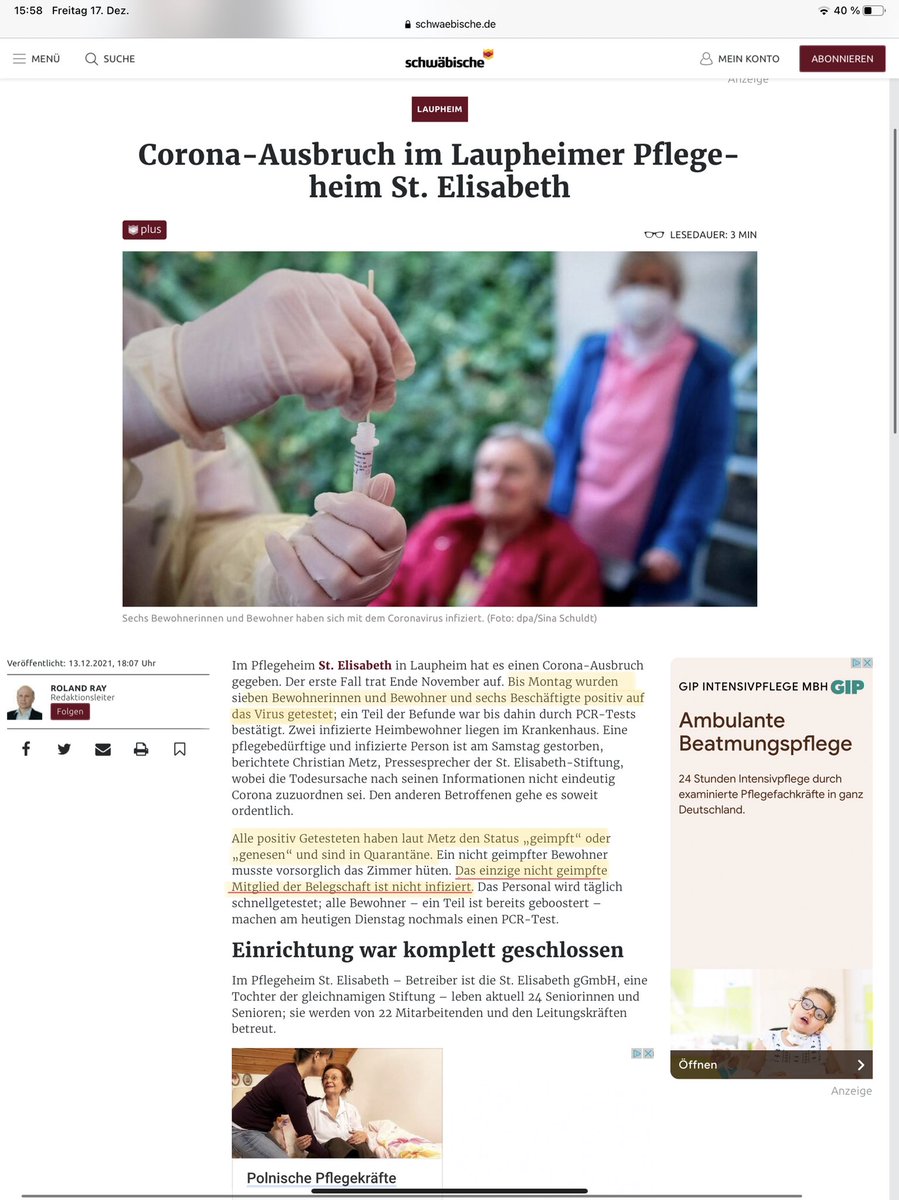 Mit einer #Impfpflicht wäre das auf keinen Fall passiert. 

„Alle positiv Getesteten haben laut Metz den Status „geimpft“ oder „genesen“ und sind in Quarantäne. […] Das einzige nicht geimpfte Mitglied der Belegschaft ist nicht infiziert.“ #pandemiederungeimpften #Solidarität