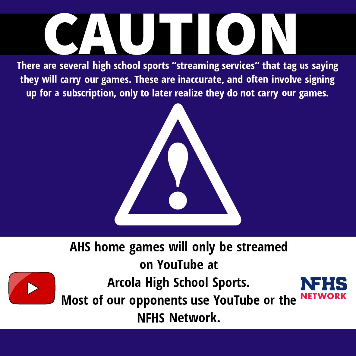 TorchAHS's tweet photo. AHS home games are streamed on YouTube at Arcola High School Sports. No other streaming service carries our home games. Most of our opponents use @YouTube or @NFHSNetwork . Please do not believe any other services claiming to stream our games. #PurpleRiders https://t.co/aEvBIuf4xg