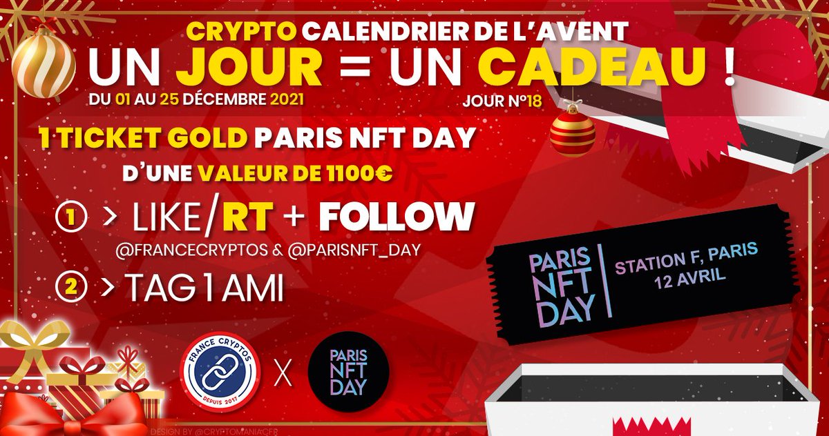 FranceCryptos's tweet photo. #CRYPTOCALENDRIER 🎄 18/25

Aujourd'hui gagnez 1 Ticket Gold pour le @parisnft_day d'une valeur de 1100€ ⚡️

Pour participer :

👉 Follow @FranceCryptos &amp; @parisnft_day
👉 Likez &amp; Retweetez
👉 @ un ami !

⏳ TAS le 26/12 !

Bonne chance à tous ! 🍀 #Concours 🎁 #Noël https://t.co/KLtgnoqWU2