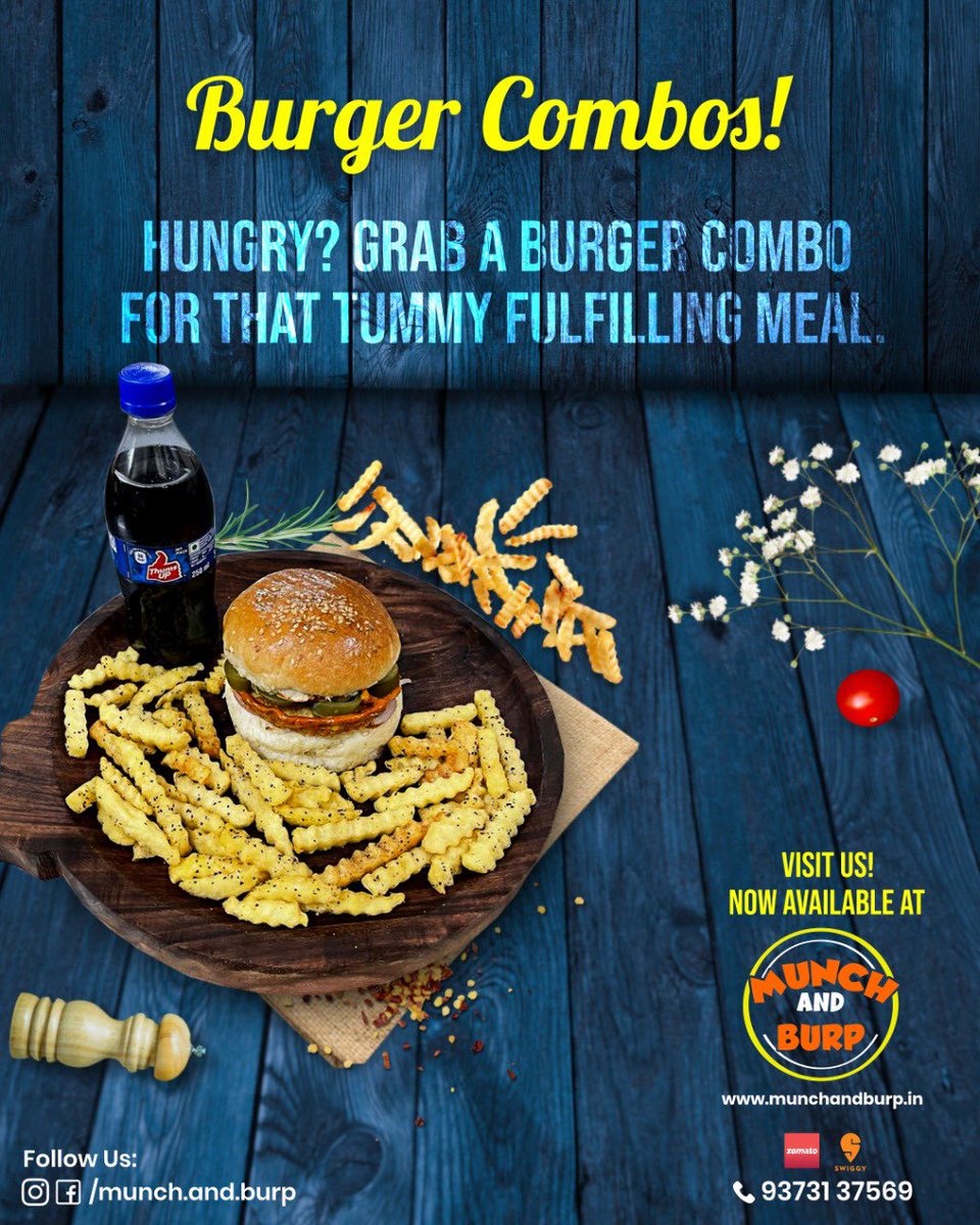 Burger meals! Available for that mouth watering burger, along with fries and a cold drink of your choice. 

Visit Us!
Also available on Zomato!

#MunchAndBurp #burger #burgercombo #burgermeal #burgerfries #zomato