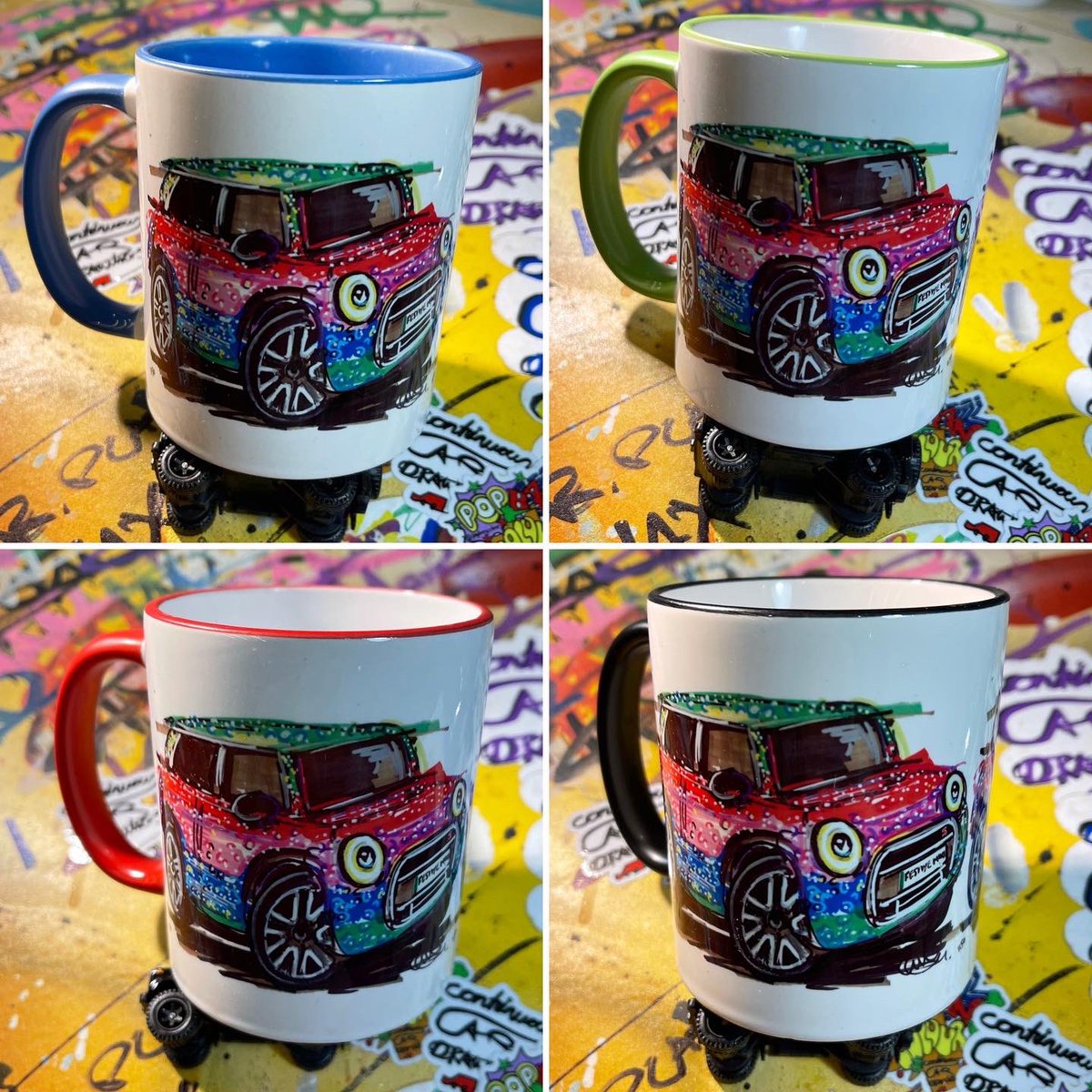 Popbangcolour's tweet photo. Ho ho ho! 🎅🏼🎄

The #FestiveMINI mugs have arrived! Last week @drivingwithnico ‘s @MINIUK was created as a #ContinuousCar drawing @SilverstoneUK ‘s #LapofLights 

Here it is on a colourful quartet of mugs, Watcha think to ‘um? 

🚗+✍🏻 #MINI https://t.co/bvE8dypqGq