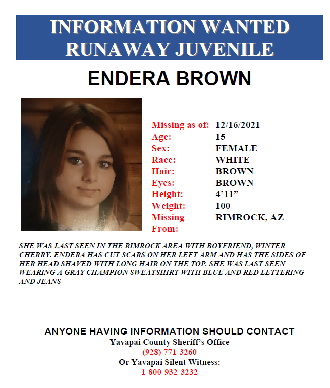 YavapaiSheriff's tweet photo. YCSO is asking for your help: 
runaway juveniles' Endera Brown and Winter Cherry.  
call Yavapai County Sheriff's Office 928-771-3260 
or YavSilentWitness 1-800-932-3232
#ycso #yavapaicountysheriffsoffice #yavapaicounty  post by @ycsoaz https://t.co/jjp4PxCbg5 https://t.co/gcwngRWYRN