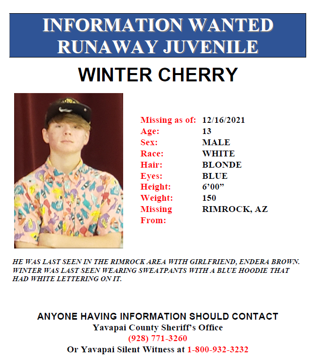 YCSO is asking for your help: 
runaway juveniles' Endera Brown and Winter Cherry.  
call Yavapai County Sheriff's Office 928-771-3260 
or YavSilentWitness 1-800-932-3232
#ycso #yavapaicountysheriffsoffice #yavapaicounty  post by @ycsoaz instagram.com/p/CXlrzlDl3bU/…