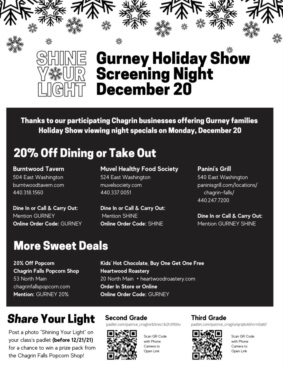 GurneyMusic's tweet photo. 3 days until the Holiday Show screening! Plan the perfect premier night with these deals from local businesses! A HUGE thank you to @ChagrinFallsPTO for setting this up for our Gurney families and friends! https://t.co/YXdB0aJ7oc