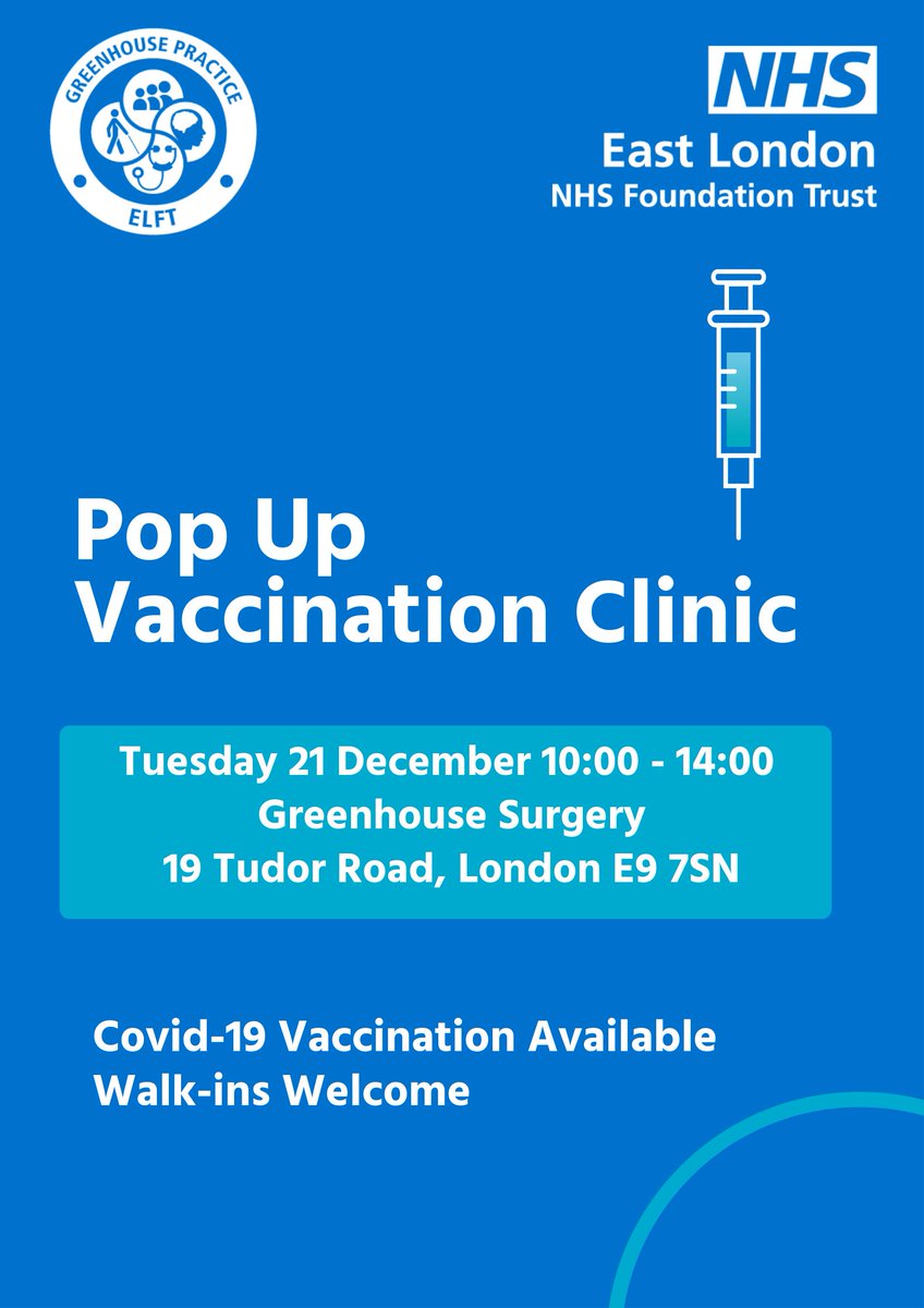 The Greenhouse Practice will have a pop up COVID vaccination clinic on Tuesday 21st December 2021 between 10am-2pm. Walk in vaccinations offered to Greenhouse service users, St Mungo's residents and Hackney Council/Thames Reach clients <a href="/NHS_ELFT/">East London NHS Foundation Trust (ELFT)</a> #COVID #NHS #Vaccination