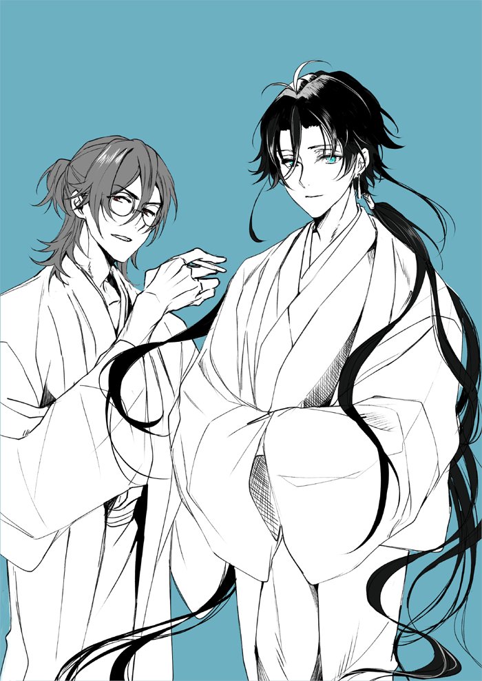 multiple boys 2boys male focus long hair glasses hands in opposite sleeves japanese clothes  illustration images