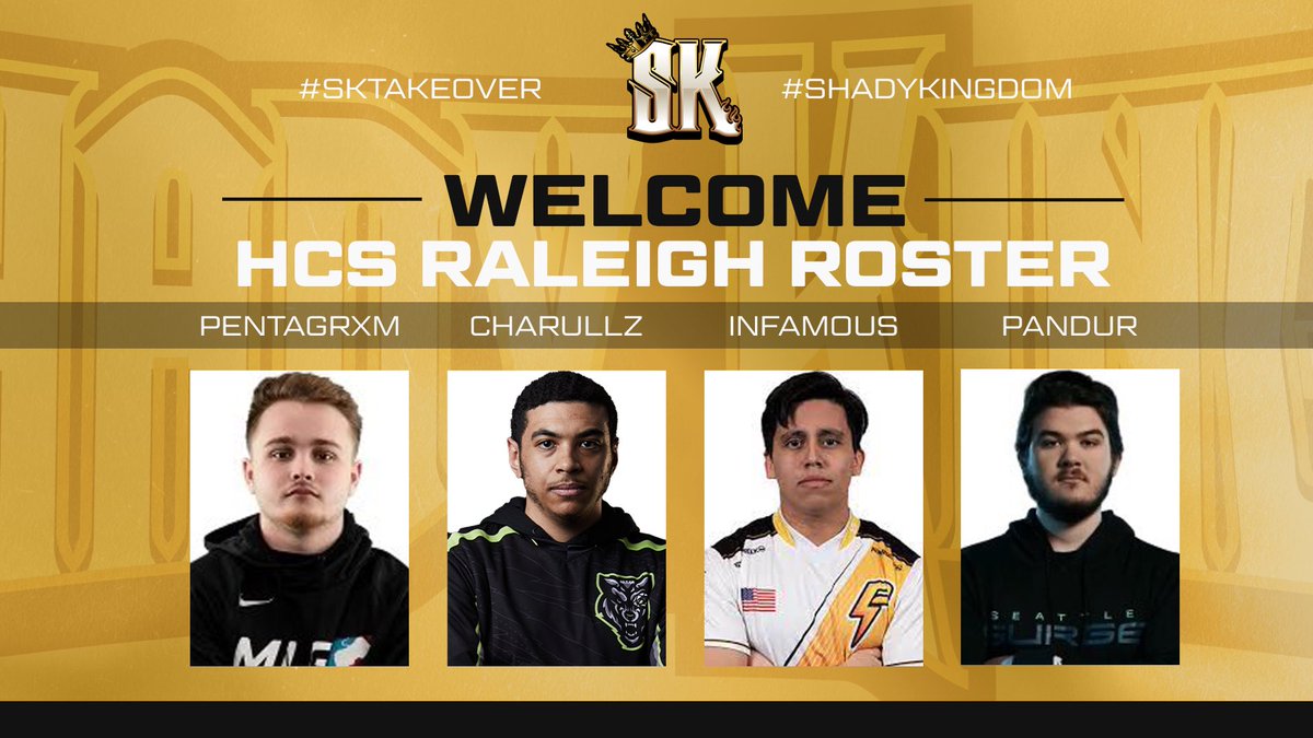 ShadyKings's tweet photo. Introducing our @HCS Raleigh roster! Best of luck to them as they look to tear up the competition this weekend! 
👑 @Pentagrxm 
👑 @Charullz 
👑 @InfamousKev_ 
👑 @CaseyPandur 
#ShadyKingdom #SKTakeover https://t.co/ATBrh0zj99