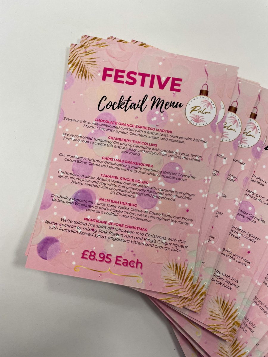 Festive cocktail menus recently done for <a href="/chester_palm/">Palm Chester</a>

Which one would you go for? 🍸🍹

#printworkschester #palmchester #chesterbars #chesterfoodanddrink #chesterhospitality