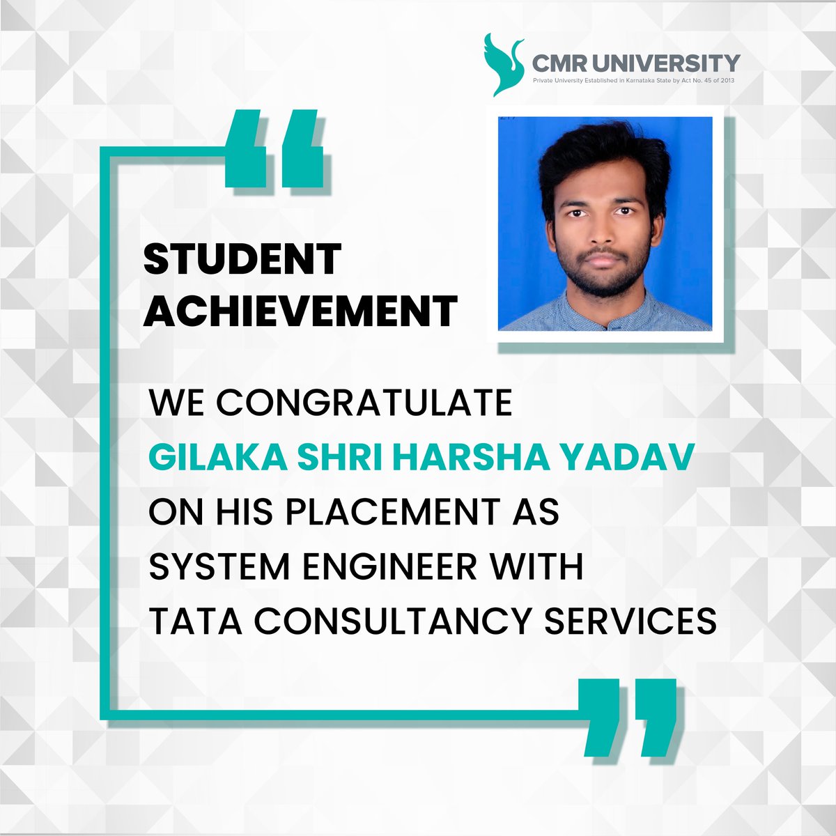 UniversityCmr's tweet photo. We congratulate Gilaka Shri Harsha Yadav on his placement as Systems Engineer with @TCS. We recognize all his efforts and hard work and wish him all the best for his new life ahead.

#CMRUniversity #Placements https://t.co/ZhVn1NRfTY