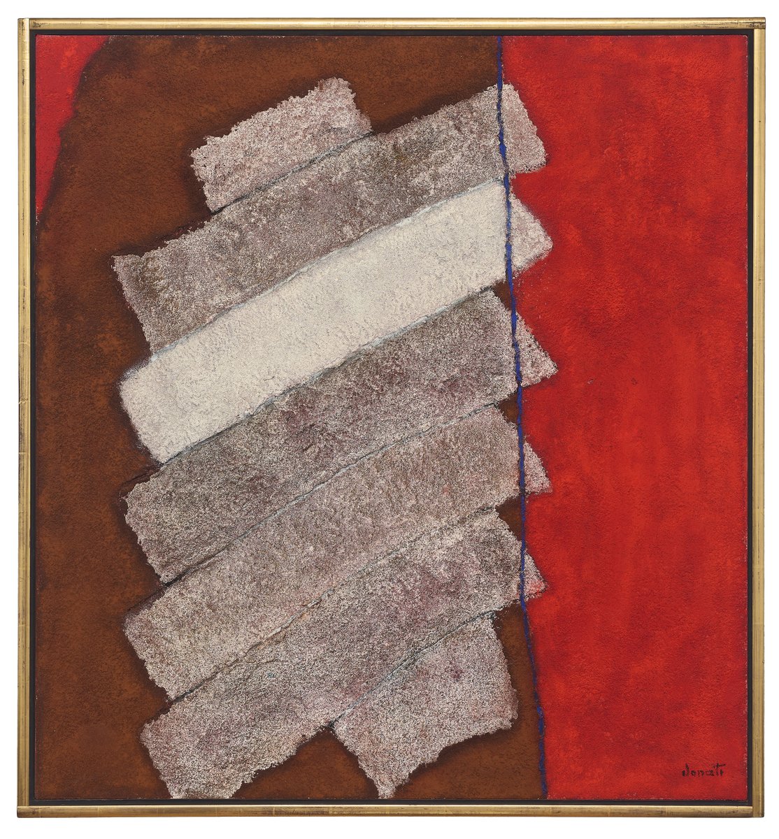 Enrico Donati's ‘Quetzacoatl’ (1964), refers to the Nahuatl name for the Feathered-Serpent deity of ancient Mesoamerican culture. Layering and texturing the work with sand, Donati has painted an abstracted interpretation of the plume from this symbol in muted earth tones.
#art