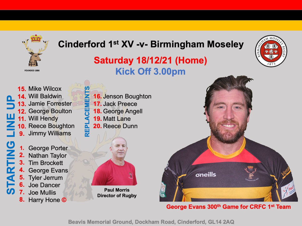 cinderfordrfc's tweet photo. Team News 🗞 

Here’s how the lads shape up for tomorrow’s test against @MoseleyRugbyFC 🏉 

🗓 Saturday 18th December
📍 Beavis Memorial Ground, Dockham Road, Cinderford GL14 2AQ
⏰ 3pm Kick Off 

The road to 300 for George Evans is nearly complete ❤️ https://t.co/cD5681LKaz