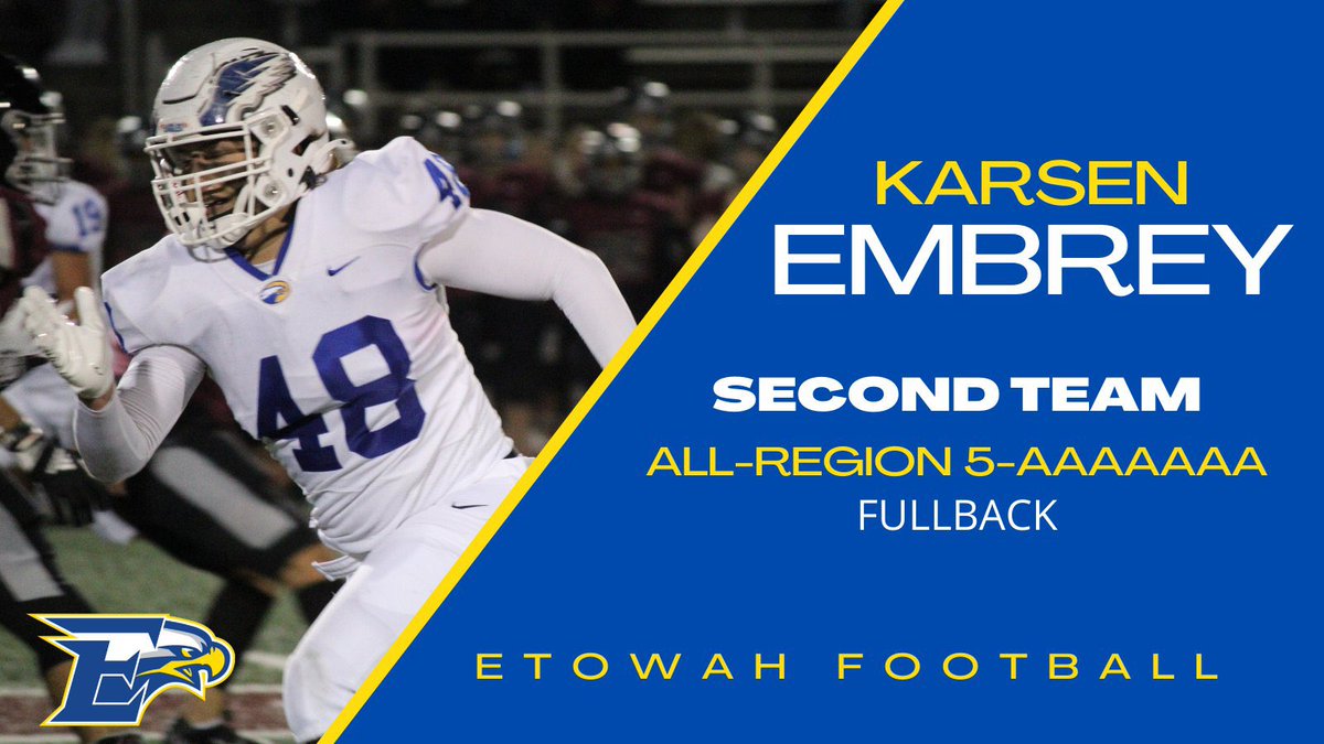 EmbreyKarsen's tweet photo. Honored to be named 2nd Team All-Region for fullback @Coach_MKemper @Etowah_Recruits @PitViperSports @Championsforli1 https://t.co/Q6FthjiFlg