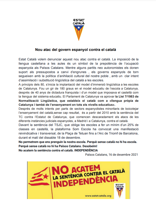 catala_estat's tweet photo. Dissabte sortirem al carrer per defensar el català!
📢 Davant la sentència del TSJC, que obliga les escoles a fer un mínim d’un 25% de classes en castellà. No permetrem que es prenguin la nostra escola, perqué sense català no hi ha escola!
El català no es toca! #noacatem https://t.co/a0TkzXOVzI