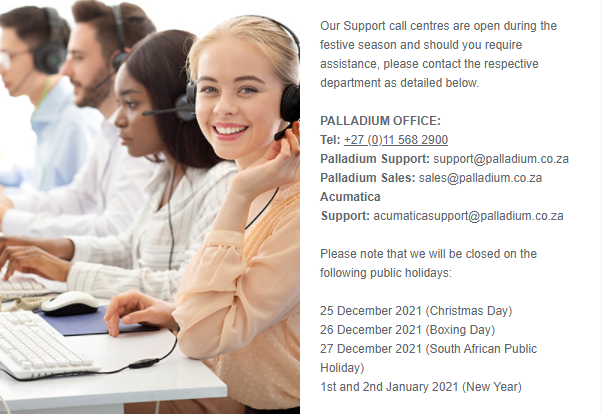 PalladiumSA's tweet photo. Please note that our Support call centres are open during the festive season and should you require assistance, please contact the respective department as detailed below. https://t.co/uFQsq7M1Ig