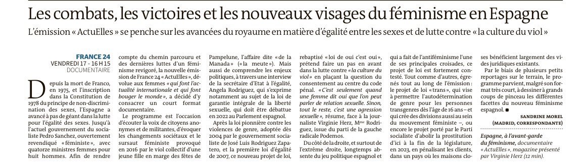 Fierté de finir l’année avec un article @LeMondeTV sur notre numéro spécial @ActuElles sur #Espagne pionnière du #féminisme 🇪🇸. 🙏 @sandrinemorel @lauracambaud @AnnetteF24 @AlBottin @YongChim @France24_fr