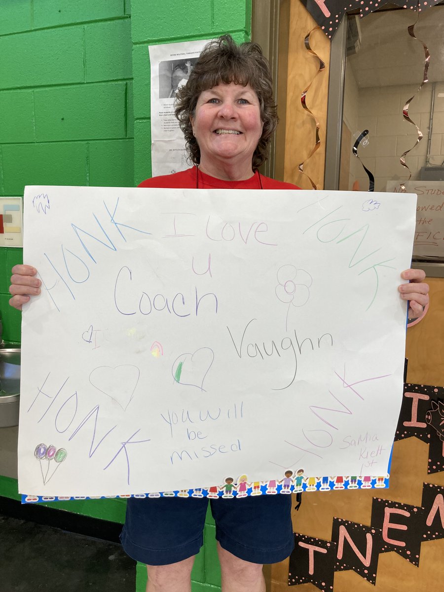 JhcButler's tweet photo. Our beloved PE teacher, Coach Vaughn, is retiring today after 31 years of teaching. Thank you for your dedication to the students, and for being such a valuable co-worker. We're going to miss you SO much, but we hope you enjoy your retirement! You've earned it! ❤️🎉👏 https://t.co/7ORrPIjMtn
