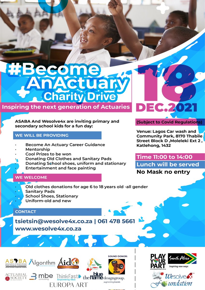 #BecomeAnActuary Charity Drive

We are playing our part to empower children from Katlehong disadvantage families and community with an Early Christmas  Gift #PlayYourPart

<a href="/ThinkfastW/">Thinkfast Group (Follow, we Follow Back ,FAST)</a> <a href="/Brand_SA/">@Brand_SA</a>
<a href="/EuropaArt/">Europa Art & Co</a> <a href="/MBE_SA/">MBE Consulting South Africa</a>
<a href="/MBEIntl/">MBE Consulting</a> <a href="/IntActuarial/">Int Actuarial Assn</a> <a href="/ActuarialSa/">ActuarialSocietyofSA</a> @ASABActuaries <a href="/DBE_SA/">Dep. Basic Education</a>