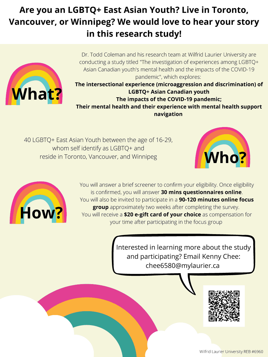 CBRCtweets's tweet image. Are you an LGBTQ+ East Asian Youth? Live in Toronto,Vancouver, or Winnipeg? We would love to hear your storyin this research study! rainbowhealthontario.ca/lgbt2sq-health…