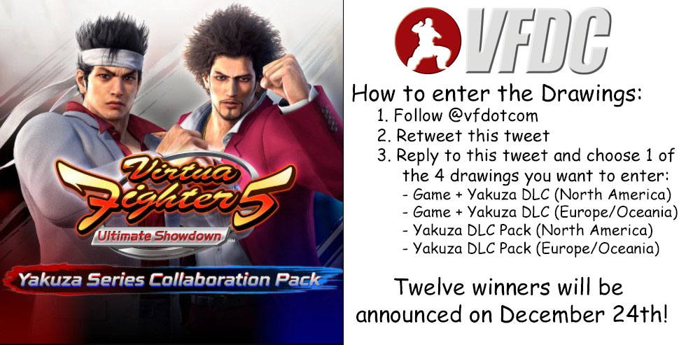 'Tis the season to be giving &amp; VFDC will be giving #VF5US to 12 lucky followers! 

- 6 VF5US Game+Yakzua DLC bundle
- 6 Yakuza DLC Pack Only

Please see the image for instructions on how to enter. Winners will be announced on Dec. 24th. For North America, Europe &amp; Oceania region.