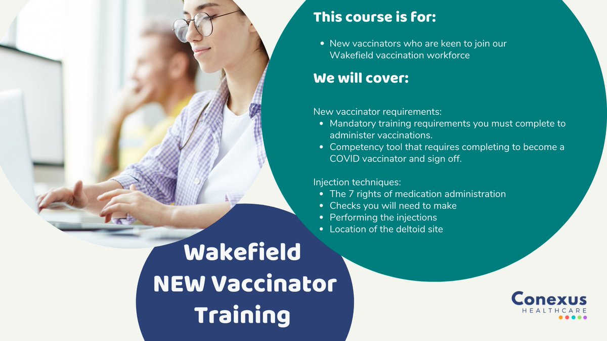 ConexusHealthUK's tweet photo. In response to the rapid COVID-19 vaccine booster roll out we have put together a training course to cover the requirements for new vaccinators 💉
Dates: Monday 20th, Tuesday 21st &amp; Wednesday 22nd December 📅
Book your place today 👉 https://t.co/6mUrnhpDHe https://t.co/7lPTkH9eqz